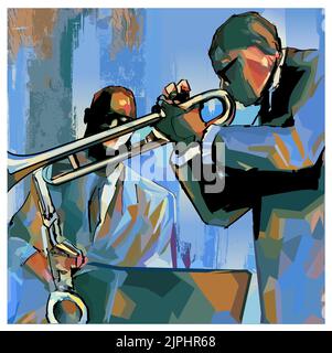 Saxophoniste de jazz et trompette - illustration vectorielle (idéal pour l'impression sur tissu ou papier, affiche ou papier peint, décoration de maison) Illustration de Vecteur