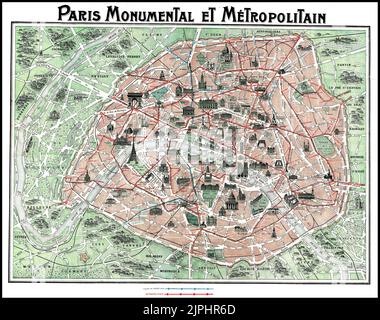 CARTE des années 1930 Paris Monumental et Metropolitain.c. 1932 carte touristique de Paris, France. Couvre la vieille ville fortifiée de Paris et les environs immédiats. Les bâtiments importants sont représentés en profil, y compris la Tour Eiffel. Affiche les lignes de train et de métro dans toute la ville. Système de métro et le style général et la construction de la carte en 1930s joint au livret original en papier rouge. Imprimé par Robelin. Date 1932 Banque D'Images