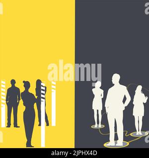 Deux équipes se tenant à discuter ensemble de nouvelles idées différentes. Les partenaires d'affaires discutent côte à côte des plans de travail opposés. Groupes ayant un chat pour les récents Illustration de Vecteur