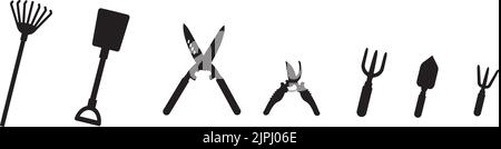 Silhouettes panoramiques d'un ensemble d'outils de jardinage isolés sur fond blanc Illustration de Vecteur