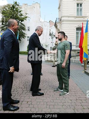 Lviv, Ukraine. 18th août 2022. Le président Tayyip Erdogan (C) tremble avec le président ukrainien Volodymyr Zelensky (R) lors de leur rencontre à Lviv, en Ukraine. Jeudi, 18 août 2022. Le président turc Recep Tayyip Erdogan et le chef de l'ONU Antonio Guterres se réunissaient dans la ville occidentale de Lviv. Photo du Président turc Bureau de presse /UPI crédit: UPI/Alay Live News Banque D'Images