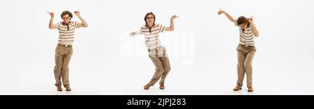 Collage. Jeune homme élégant en costume rétro dansant, s'amusant, posant isolé sur fond blanc de studio Banque D'Images