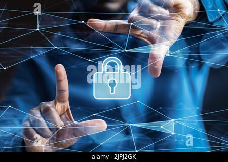 Sécuriser les données cybernétiques. Sécurité de la confidentialité en ligne. Informations sur l'ordinateur Banque D'Images