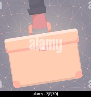 Main dans la chemise manchon tenant le porte-documents sur fond de motif réseau coloré. Sac d'école suspendu pour étudiants avec boucle, gros plan. Concept d'entreprise. Illustration de Vecteur