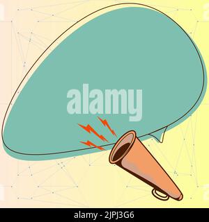Illustration de la nouvelle annonce de Megaphone. Utilisation D'Un Bullhorn donnant de puissantes grandes annonces avec Speach Bubble Illustration de Vecteur