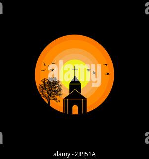 Logo d'un coucher de soleil en forme de cercle avec une silhouette de chapelle sur fond noir Illustration de Vecteur