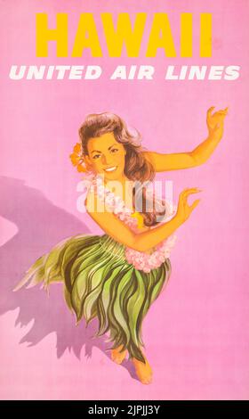 Vers 1950 : affiche publicitaire vintage. Original United Air Lines 1960s Hawaii Travel Poster, Galli. MidCentury United Air Lines Hawaii Travel poster de Stan Galli. Galli, qui a travaillé comme illustrateur commercial pendant les années 1950s et 1960s, a été chargé de produire un certain nombre d'affiches pour United Air Lines. Dans cette affiche, il montre une femme hawaïenne portant un lei, la guirlande florale traditionnelle souvent présentée aux visiteurs comme un signe d'accueil et d'affection. William Boeing, pionnier de l'aviation, a mis en place ce qui allait devenir United Air Lines en 1916. Le service de Honolulu a commencé en 1947. (Image de crédit : © VI Banque D'Images