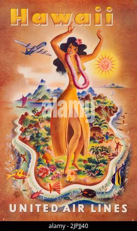 Vers 1950 : affiche publicitaire vintage. Feher, Joseph (1909-1987). Hawaï. United Airlines. Vers 1950s. Une affiche de voyage d'une femme portant un lei de fleurs faisant la danse hula est debout sur une île avec des poissons et des autochtones hawaïens décorant le paysage. (Image de crédit : © Affiches vintage/ZUMA Press Wire) Banque D'Images