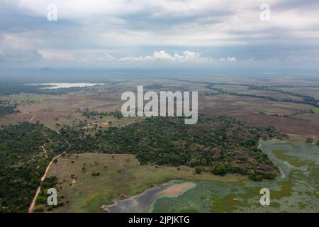 Paysage rustique avec terres agricoles et fermes parmi les montagnes et les forêts. Sri Lanka. Banque D'Images