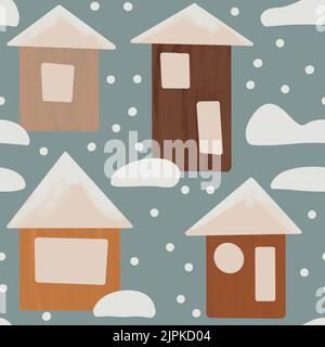 Motif sans couture dessiné à la main avec maisons scandinaves d'hiver dans la neige sur fond pastel neutre. Dessin animé Noël nouvel an papier d'emballage tissu imprimé. Joli design minimaliste Banque D'Images