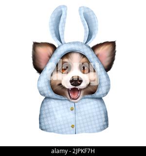 Chien portant un costume de lapin bleu sur fond blanc. Banque D'Images