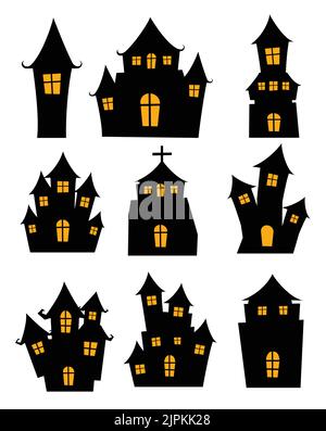 Château noir d'Halloween isolé sur fond blanc. Silhouette de dessin animé hantée. Illustration de Vecteur