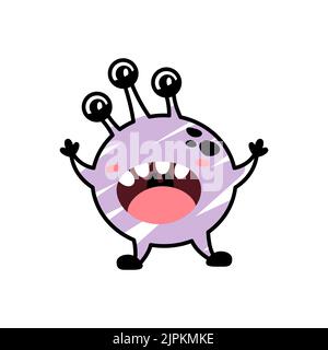 Drôle de dessin animé violet monstre avec trois yeux est effrayant. Un personnage fictif pour les enfants. Adorable icône extraterrestre en forme de doodle. Mascotte du mal pour la marque. Un imprimé sympa pour les produits pour enfants. Illustration de Vecteur