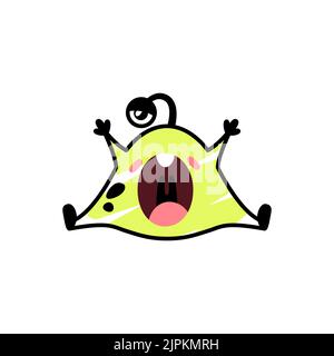 Drôle de dessin animé jaune monstre yawns tiredly. Un personnage fictif pour les enfants. Adorable icône extraterrestre en forme de doodle. Mascotte pour la marque. Un imprimé sympa pour les produits pour enfants. Illustration de Vecteur