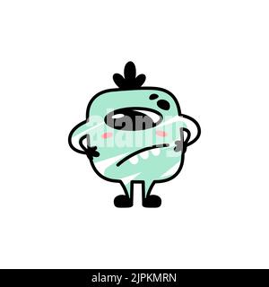 Drôle de monstre bleu de dessin animé avec une expression suspecte. Un personnage fictif pour les enfants. Adorable icône extraterrestre en forme de doodle. Mascotte pour la marque. Un imprimé sympa pour les produits pour enfants. Illustration de Vecteur