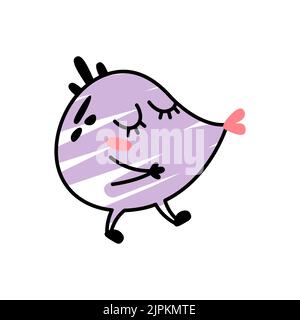 Drôle de dessin animé violet monstre embrassant. Un personnage fictif pour les enfants. Adorable icône extraterrestre en forme de doodle. Une mascotte pour la marque en amour. Un imprimé sympa pour les produits pour enfants. Illustration de Vecteur