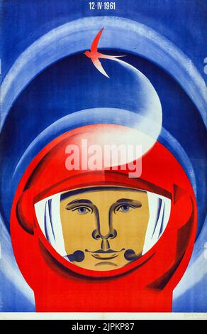 Première mission orbitale du cosmonaute Yuri Gagarin (1973). Affiche commémorative russe soviétique. Banque D'Images