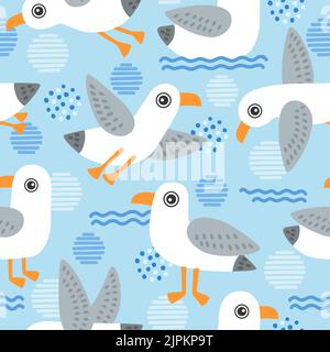 Motif vectoriel sans coutures avec jolis mouettes sur fond bleu avec des pois abstraits Illustration de Vecteur