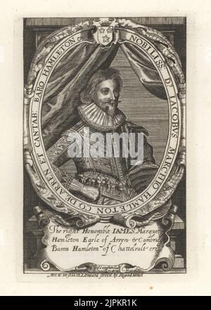 James Hamilton, 2nd Marquis de Hamilton et 4th comte d'Arran, 1589-1625. Homme politique et noble écossais. Dans la barbe van Dyke, collier de protection, double brocart, gants. James Hamleton. Gravure sur plaque après un portrait de Robert Vaughan de la galerie des portraits rares de Samuel Woodburn, composée de plaques originales, George Jones, 102 St Martin's Lane, Londres, 1816. Banque D'Images