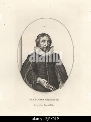 Alexander Henderson, théologien écossais, l'un des fondateurs de l'Église réformée d'Écosse, 1583-1646. Dans le collier de ruff, doublet et le cloak, tenant un livre. Gravure de copperplate par Hery après une rare impression de Venceslaus Hollar tirée d’une peinture d’Anthony van Dyke de la galerie des portraits rares de Samuel Woodburn, composée de plaques originales, George Jones, 102 St Martin’s Lane, Londres, 1816. Banque D'Images