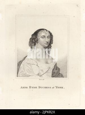 Anne Hyde, duchesse de York et Albany, 1637-1671. Première femme de James, duc d'York, qui devint plus tard le roi James II et VII d'Angleterre et d'Écosse. Avec des cheveux en ringlets, collier de perles, robe basse. D'un dessin d'après Sir Peter Lely, gravé par Rivers. Gravure sur plaque de coperplate de la galerie des portraits rares de Samuel Woodburn, composée de plaques originales, George Jones, 102 St Martin's Lane, Londres, 1816. Banque D'Images