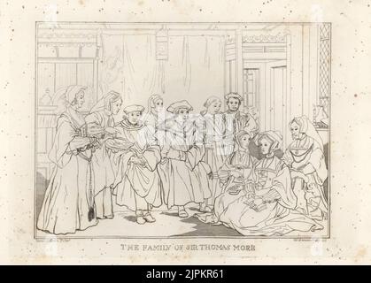 La famille de Sir Thomas More, Lord Chancellor, 1478-1535. De gauche à droite : Elizabeth Dauncey, Margaret Clements, Sir John More, Ann More, Sir Thomas More, John More, Henry Patenson, Cecily Heron, Margaret Roper et Alice More. De la rare empreinte de Hans Holbein, gravée par W. Parsons. Gravure sur plaque de coperplate de la galerie des portraits rares de Samuel Woodburn, composée de plaques originales, George Jones, 102 St Martin's Lane, Londres, 1816. Banque D'Images