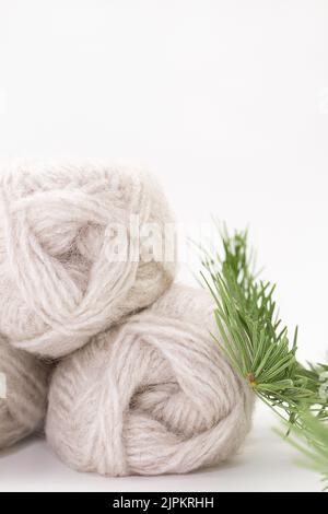 Boules de fil gris et branche d'épinette sur fond blanc. Tricotage, couture, travaux d'aiguille, passe-temps, loisirs. Copier l'espace Banque D'Images