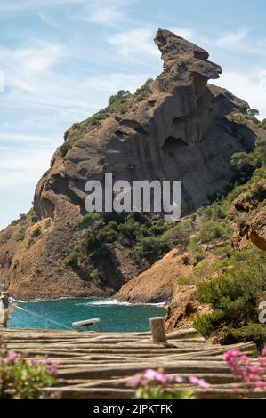 Rocher du capucin en bleu Calanque de Figuerolles près de la Ciotat, Provence, France, vacances d'été en France Banque D'Images