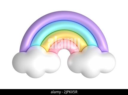 3d arcs-en-ciel de couleur pastel rose, jaune, bleu, violet. Arc-en-ciel en plastique mignon avec nuages. 3d illustration du ressort de rendu adaptée à la décoration Banque D'Images