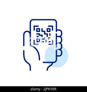 Main tenant un smartphone scannant le code qr. Icône de dessin au trait de trait, pixel Perfect, modifiable Illustration de Vecteur