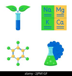 Icône de la chimie dans un style plat. Tableau périodique des éléments, de la réaction chimique, du modèle structural des molécules et des symboles de chimie organique. Vect Illustration de Vecteur