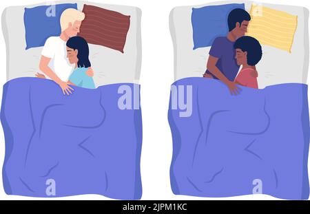 Couples heureux dormant dans des lits semi-plats couleur vecteur personnages ensemble Illustration de Vecteur