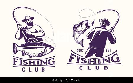 Ensemble de badges avec logo pêche. Le pêcheur saisit le poisson sur le logo de la tige de rotation. Illustration vectorielle de l'emblème du club de pêche sportive Illustration de Vecteur