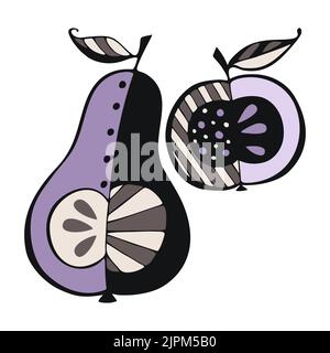 Set Apple Pear Doodle violet couleur main dessiné logo icône silhouette, isolé, fond blanc. Illustration vectorielle Illustration de Vecteur
