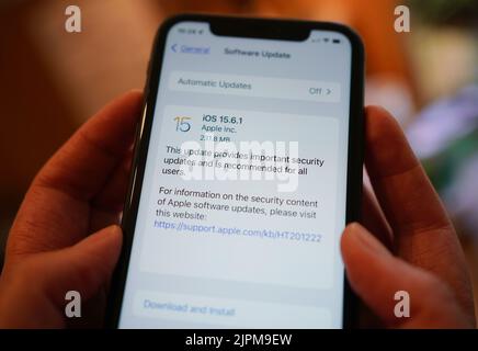 Un message informant les utilisateurs d'une mise à jour de sécurité importante s'affiche sur un iPhone 11, à Londres. Des millions de Britanniques sont invités à mettre à jour leurs iPhones et autres appareils Apple après que le géant de la technologie a confirmé la découverte d'un défaut de sécurité majeur. Le géant de la technologie a publié des mises à jour logicielles pour les ordinateurs iPhone, iPad, Apple Watch et Mac afin de résoudre un problème logiciel récemment découvert, indiquant aux utilisateurs que la mise à jour « fournit des mises à jour de sécurité importantes et est recommandée pour tous les utilisateurs ». Banque D'Images