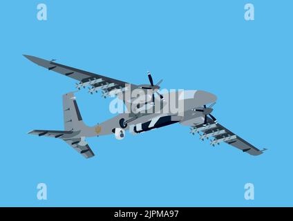 illustration d'un drone militaire de pilote automatique avec le symbole ukrainien trident sur fond bleu, illustration de stock Illustration de Vecteur