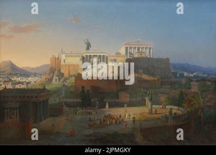 Peinture "vue idéale de l'Acropole et de l'Areopagus à Athènes" par l'architecte et peintre allemand Leo von Klenze (1846) exposé dans le Sсhасkgаlеriе (Sаmmlung Sсhасk) à Мuniсh, Allemagne. Banque D'Images