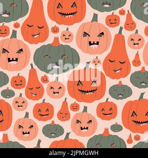 Émotions de citrouille, motif sans couture sur fond rose, pucerons, trelliises de papier peint, citrouilles d'halloween, visages effrayants Illustration de Vecteur