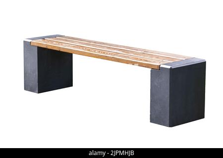 Banc en bois avec base en pierre. Isolé sur un fond blanc. Banque D'Images