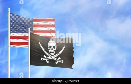 Drapeau américain et drapeau de Jolly Roger Pirates noir. Banque D'Images