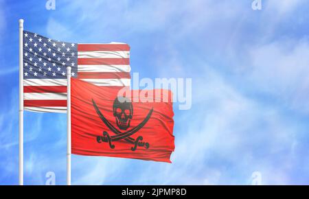 Drapeau américain et drapeau rouge Jolly Roger Pirates. Banque D'Images