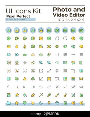 Outils d'édition photo et vidéo pixel Perfect RVB couleurs icônes de l'interface utilisateur ensemble Illustration de Vecteur