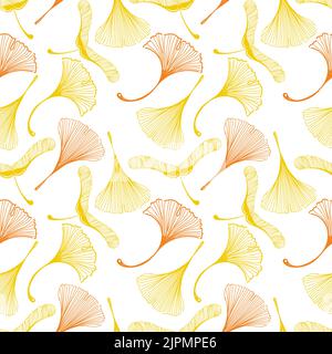 Un motif sans couture de feuilles de ginkgo et d'érable dans un style esquissé. Feuilles orange sur fond b. Feuilles en forme de pied de canard. Automne. Mystica Illustration de Vecteur