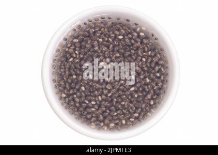 Graines de Chia trempées dans l'eau dans une petite tasse blanche isolée sur blanc, vue de dessus. Banque D'Images