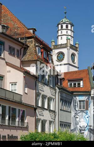 Blaserturm, Altstadtfassaden, Graffit mit Esel, Ravensburg, Oberschwaben, Baden-Württemberg, Deutschland, Europa Banque D'Images