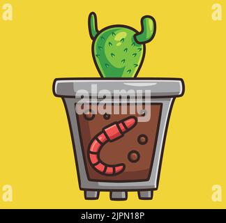 Mignon ver engrais plante cactus. Dessin animé animal nature concept isolé illustration. Style plat adapté au vecto logo Premium Sticker Icon Design Illustration de Vecteur