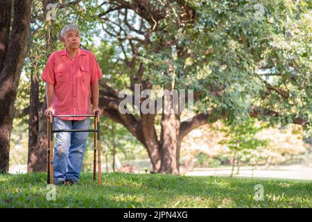 Un vieil homme asiatique heureux utilise un marcheur et des promenades dans le parc. Concept de la retraite heureuse avec les soins d'un soignant et épargne et la santé des aînés Banque D'Images