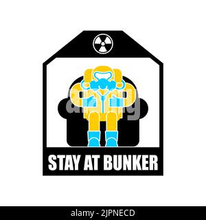 Restez dans le bunker. Homme dans une combinaison de protection contre le rayonnement dans un soute contre une explosion nucléaire. Le concept de l'avenir après la guerre nucléaire. Affiche pour l'apocalypse radioactive Illustration de Vecteur