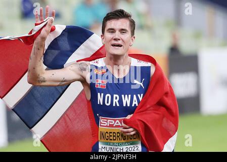 Jakob Ingebrigtsen de Norvège Médaille d'or pendant l'athlétisme, hommes 1500m aux Championnats d'Europe Munich 2022 sur 18 août 2022 à Munich, Allemagne - photo Laurent Lairys / DPPI Banque D'Images