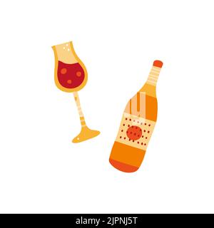 Vin coloré en verre et bouteille isolée sur fond blanc. Illustration de Vecteur